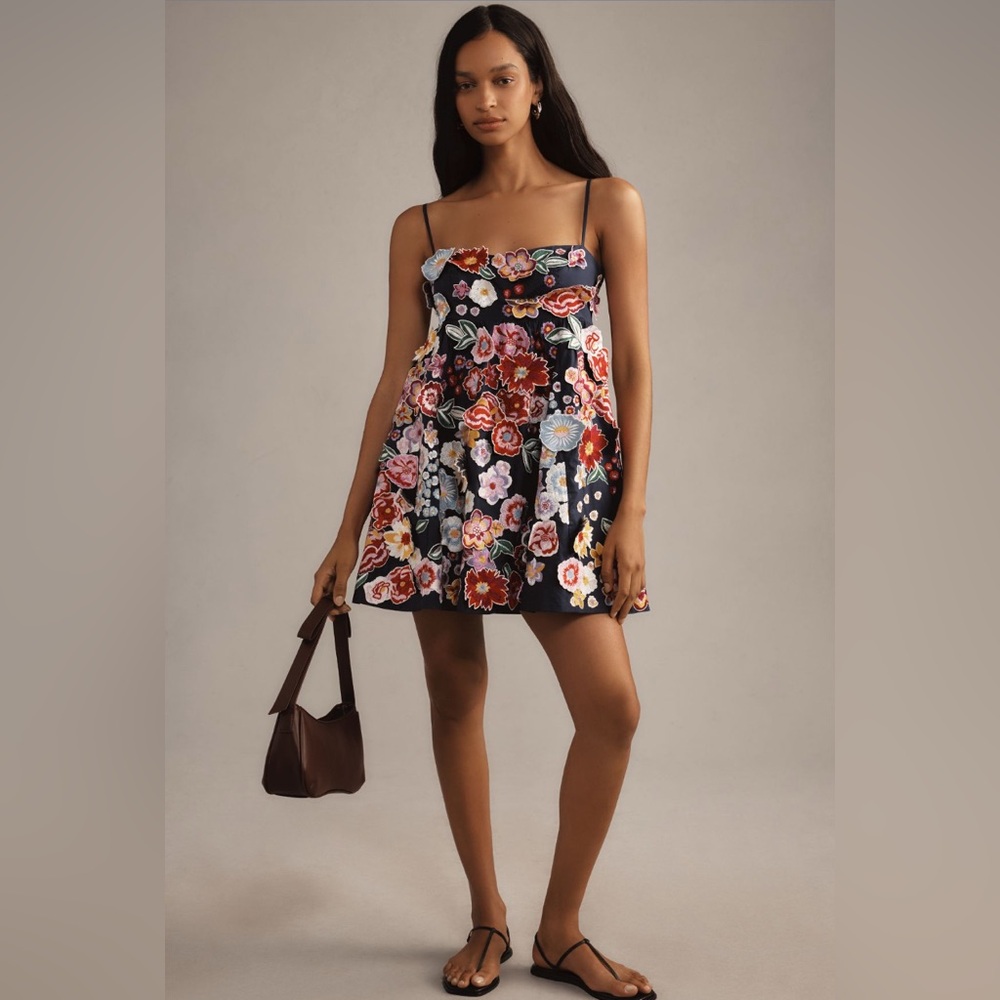 ✨Anthropologie Sleeveless 3D Floral Babydoll Mini Dress Sz XL - Picture 4 of 11